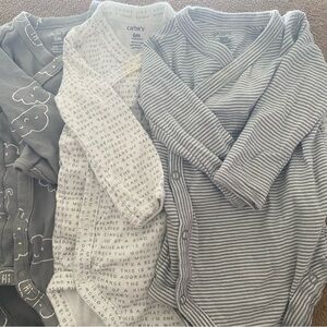 Newborn/0-3 Months: Carter's 3pk Grey White Kimono Side Snap Bodysuits EUC see*